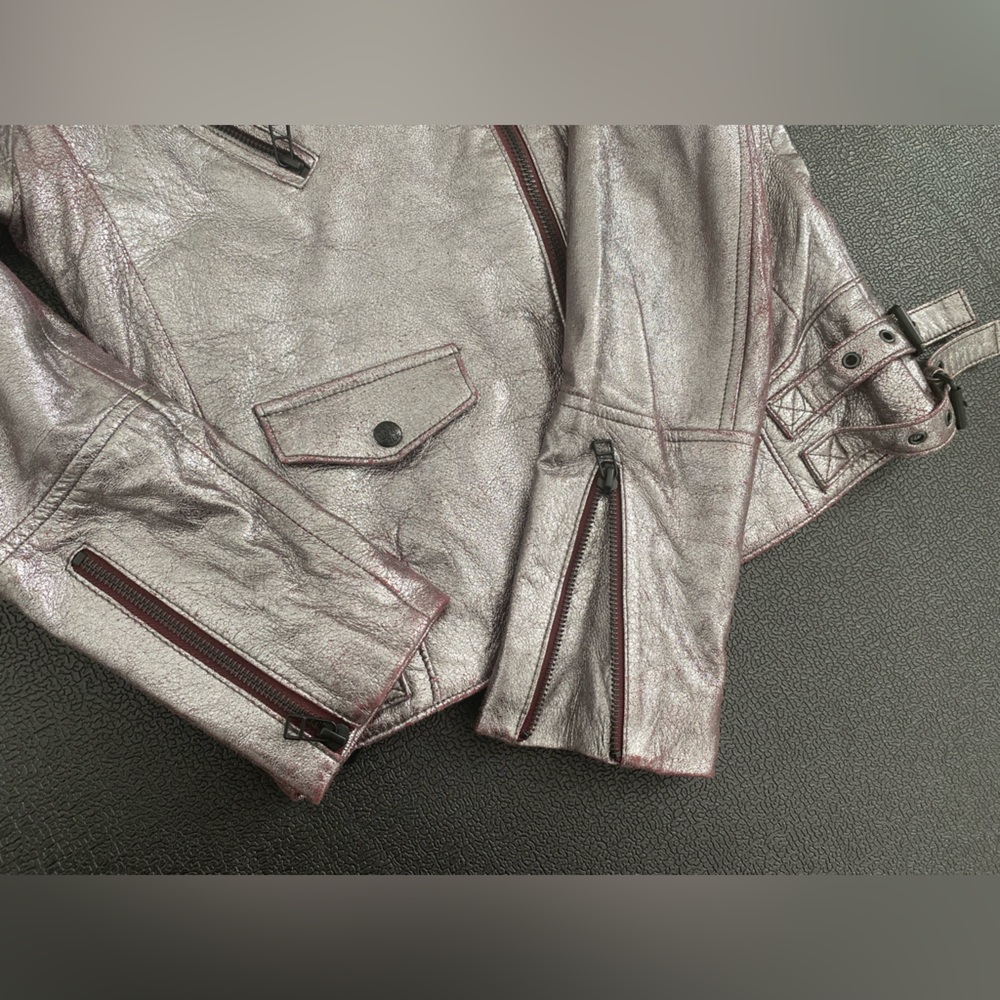 ASHSTUDIOPARIS Metallic Crackle Silver Purple Leather Moto Jacke - Picture 7 of 7